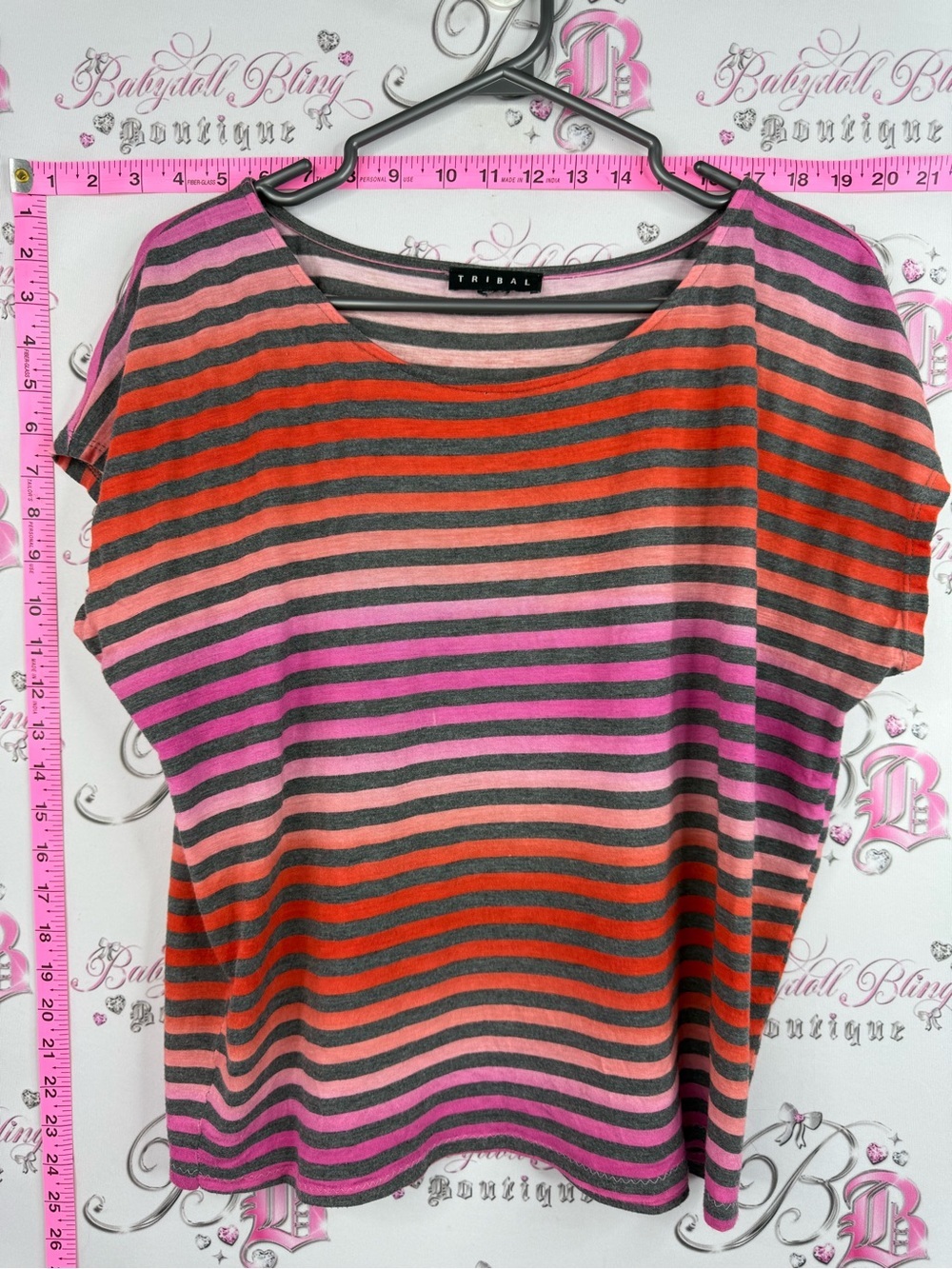 Tribal shirt top tshirt Striped Scoop Neck Tee in Pink, Orange and Gray